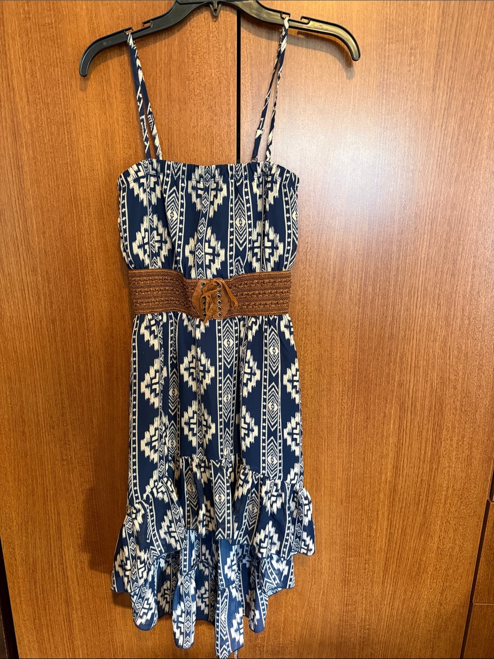 NWT Rue21 Navy and Cream Aztec Geometric Print High Low Belted Dress